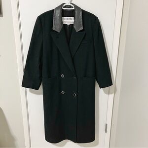 Vintage London Fog Long Wool Double Breasted Leather Collar Coat Black size 10